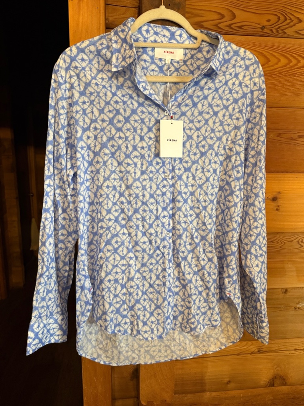 XiRENA Blue and White Patterned Button-Up Top